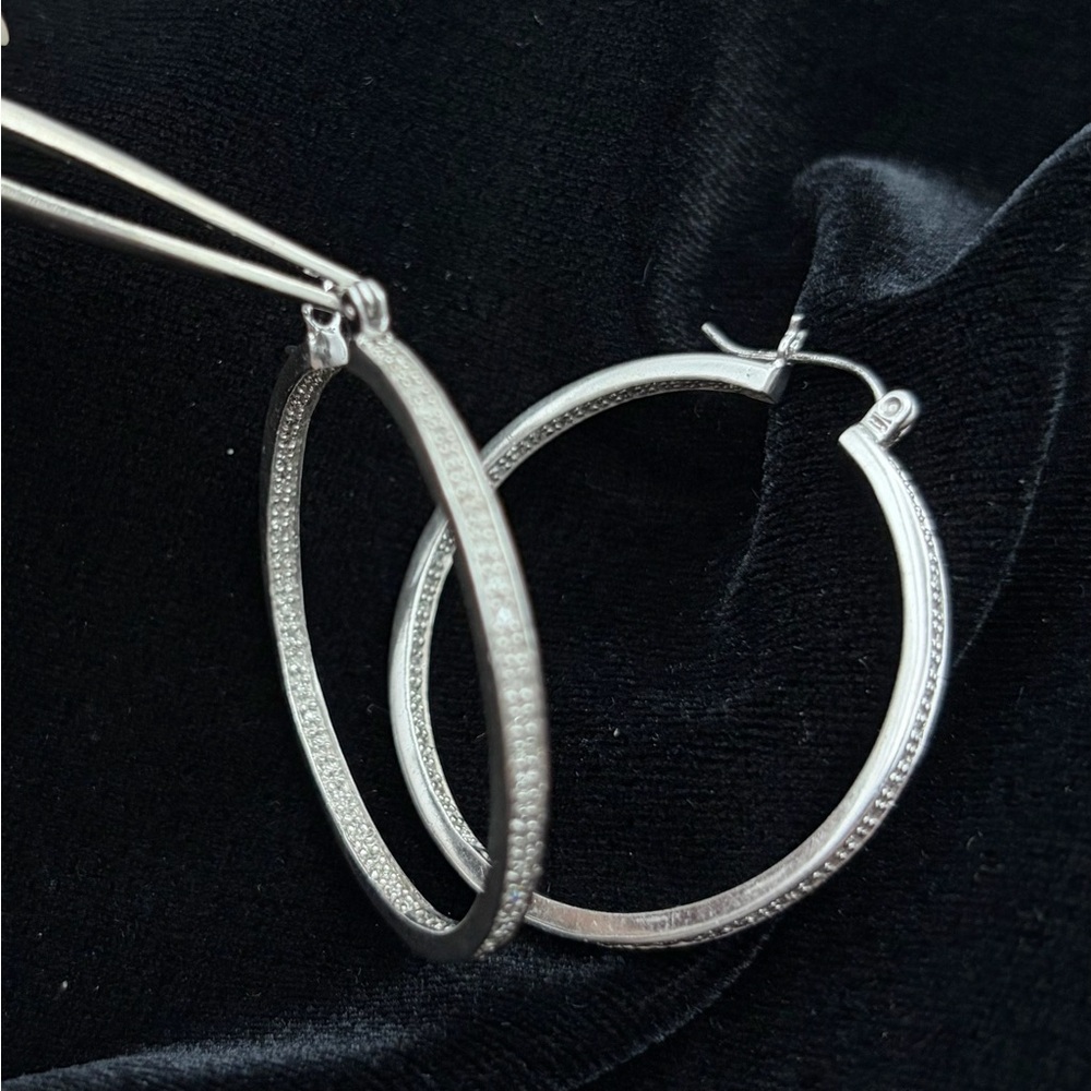 Diamond Silver Hoop Earrings - Picture 4 of 4